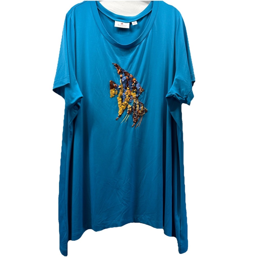 Quacker Factory Women's Tunic Top Sz 2X Plus Blue Sequined Fish Asymmetrical Y2K
